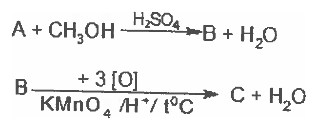 Schemă de reacții: A plus CH3OH cu H2SO4 formează B plus H2O; B prin oxidare cu KMnO4 (H+, t°C) formează C plus H2O