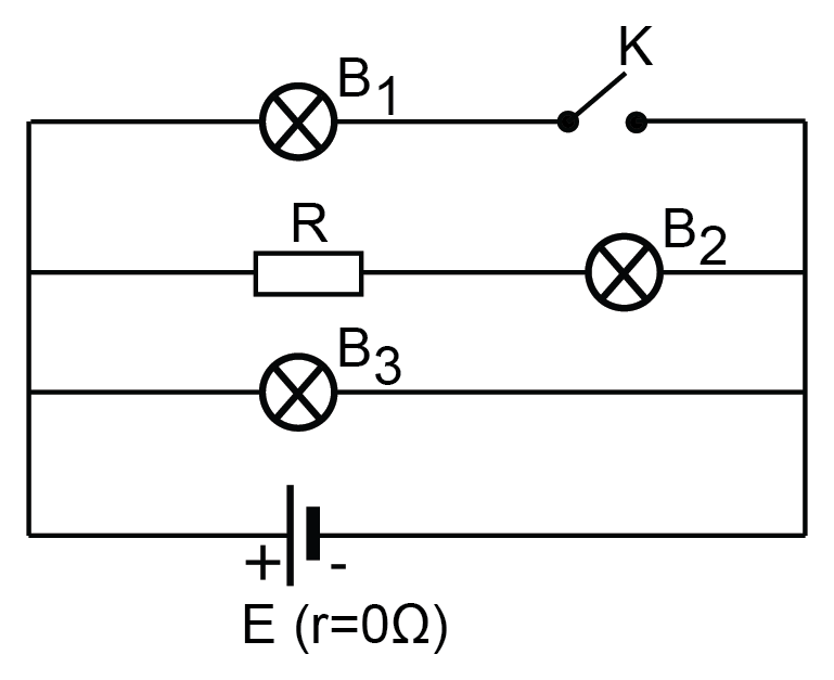 Circuit cu becul B1 și comutatorul K, rezistorul R cu becul B2 și becul B3 pe ramuri paralele, alimentat de sursa E (r=0Ω)