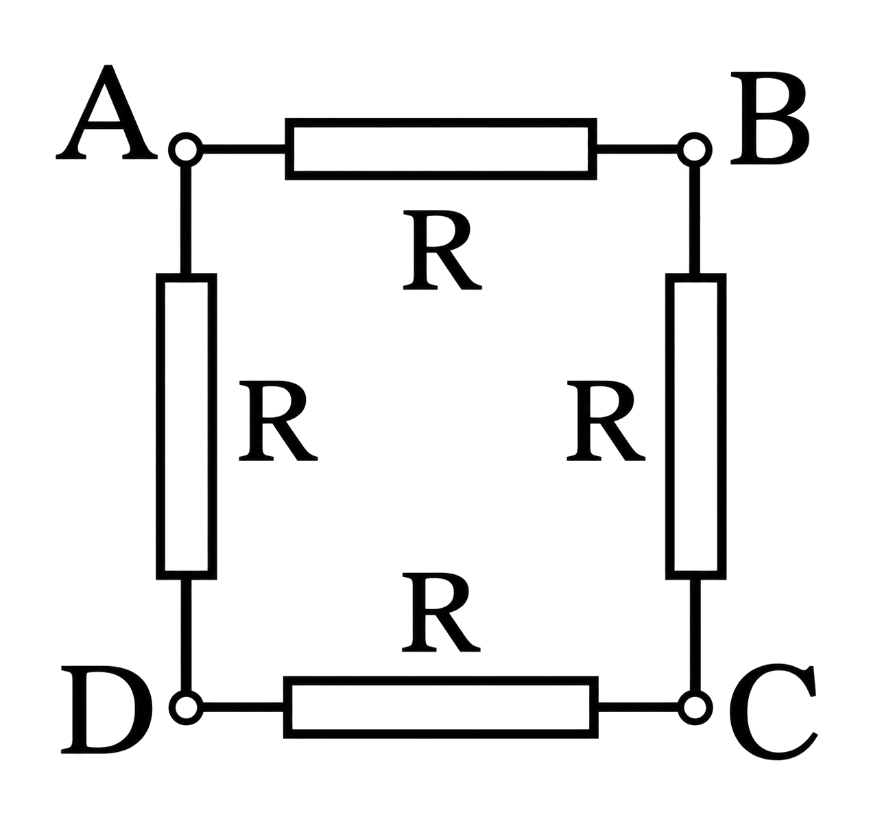 Patru rezistori R legați în pătrat, cu bornele A, B, C, D