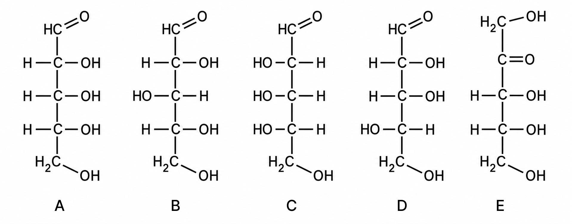 Cinci proiecții Fischer ale unor monozaharide, etichetate A, B, C, D și E