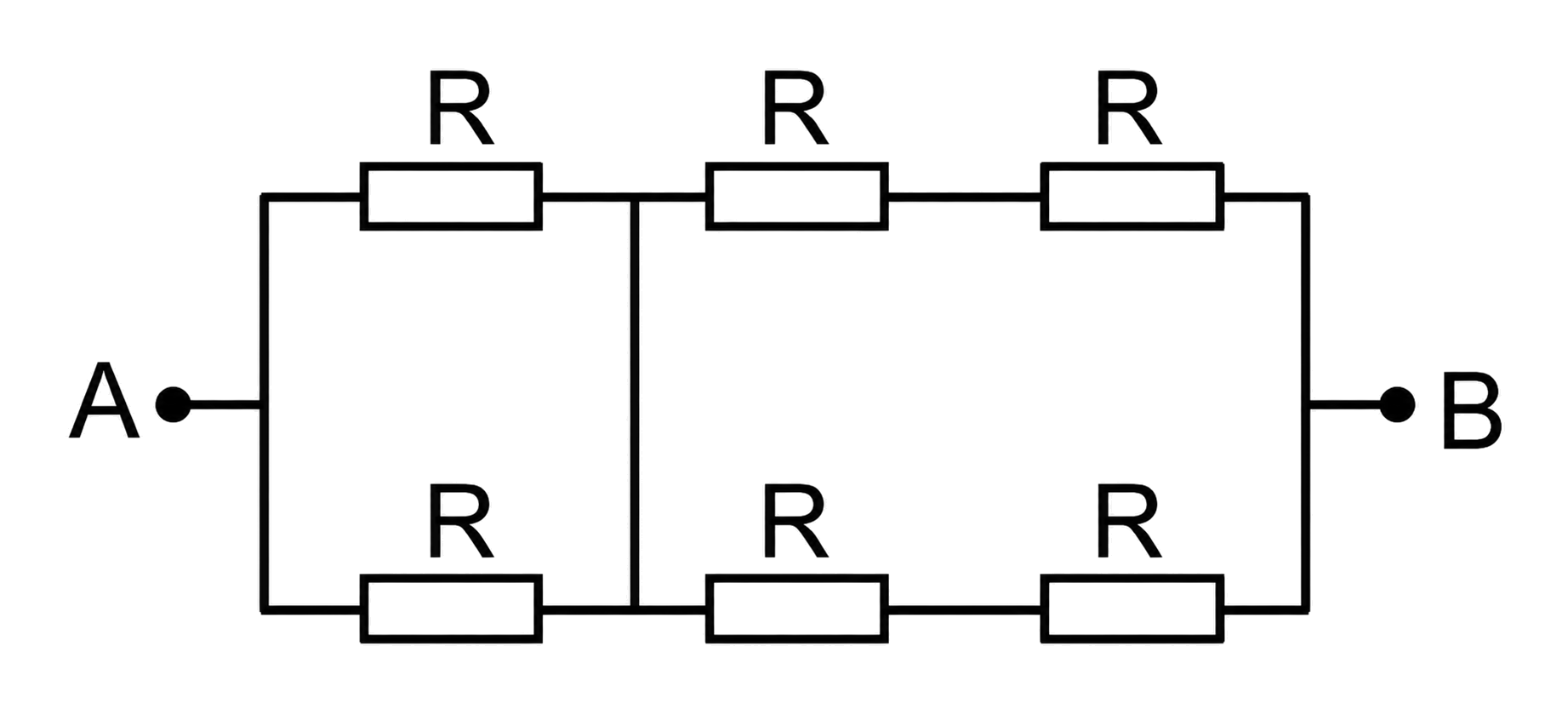 Circuit cu șase rezistoare R între bornele A și B