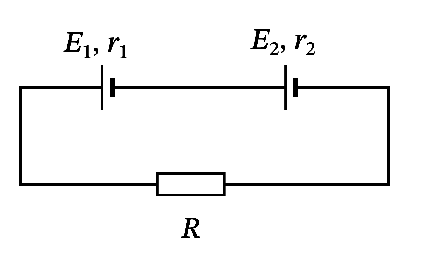 Circuit cu bateriile E1, r1 și E2, r2 legate în serie și rezistorul R