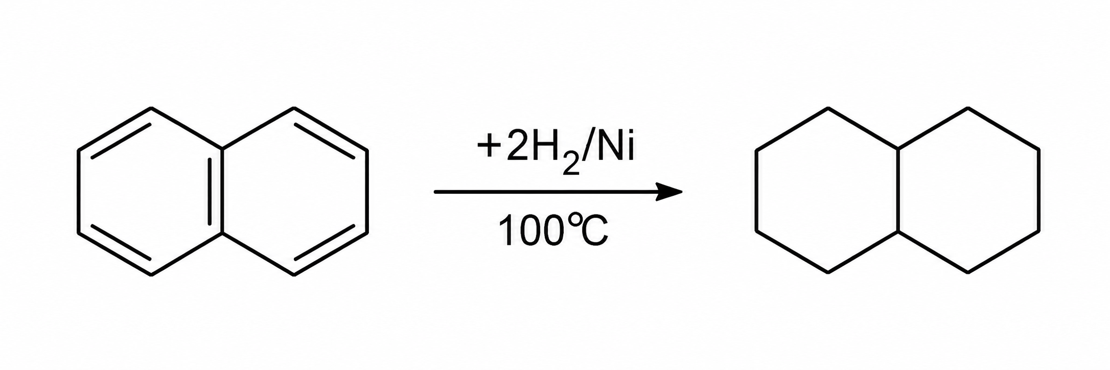 Reacție: naftalină + 2H2/Ni la 100°C → decalină