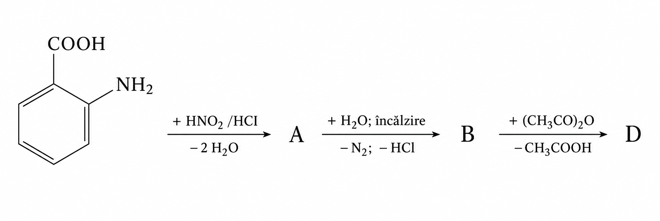 schemă de transformări: acid 2-aminobenzoic (inel benzenic cu COOH și NH2) → A → B → D