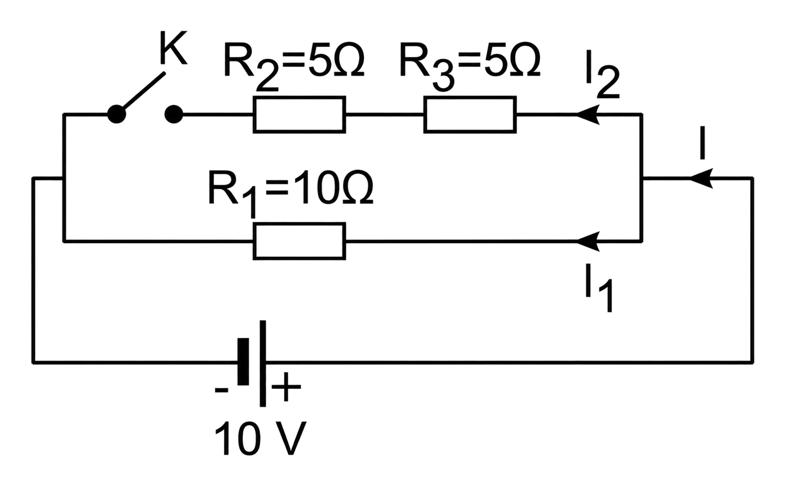 Circuit cu întrerupătorul K și rezistoarele R1, R2, R3