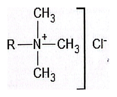 Structură chimică: cation de amoniu cuaternar R–N⁺(CH3)3 cu contraion Cl⁻