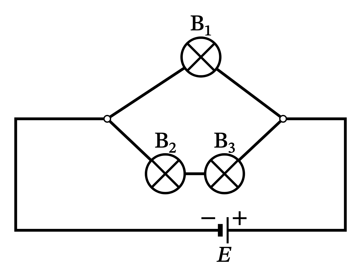 Circuit cu becurile B1, B2, B3 și sursa E
