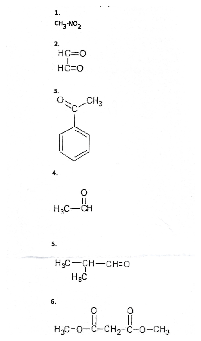 Compușii numerotați 1-6: 1: nitrometan (CH3-NO2); 2: glioxal (două grupe HC=O); 3: acetofenonă (inel benzenic cu C(=O)-CH3); 4: acetaldehidă (H3C-CH=O); 5: 2-metilpropanal (H3C-CH(CH3)-CH=O); 6: malonat de dimetil (H3C-O-C(=O)-CH2-C(=O)-O-CH3)