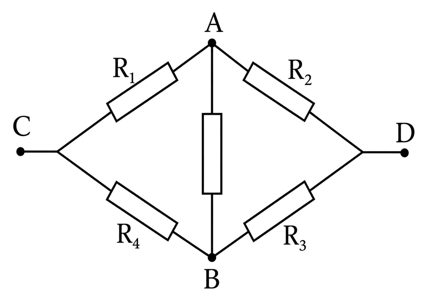 Puntea Wheatstone cu rezistoarele R1, R2, R3, R4 și nodurile A, B, C, D