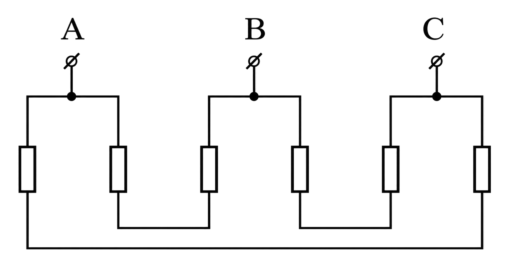 Circuit cu bornele A, B, C și șase rezistoare egale