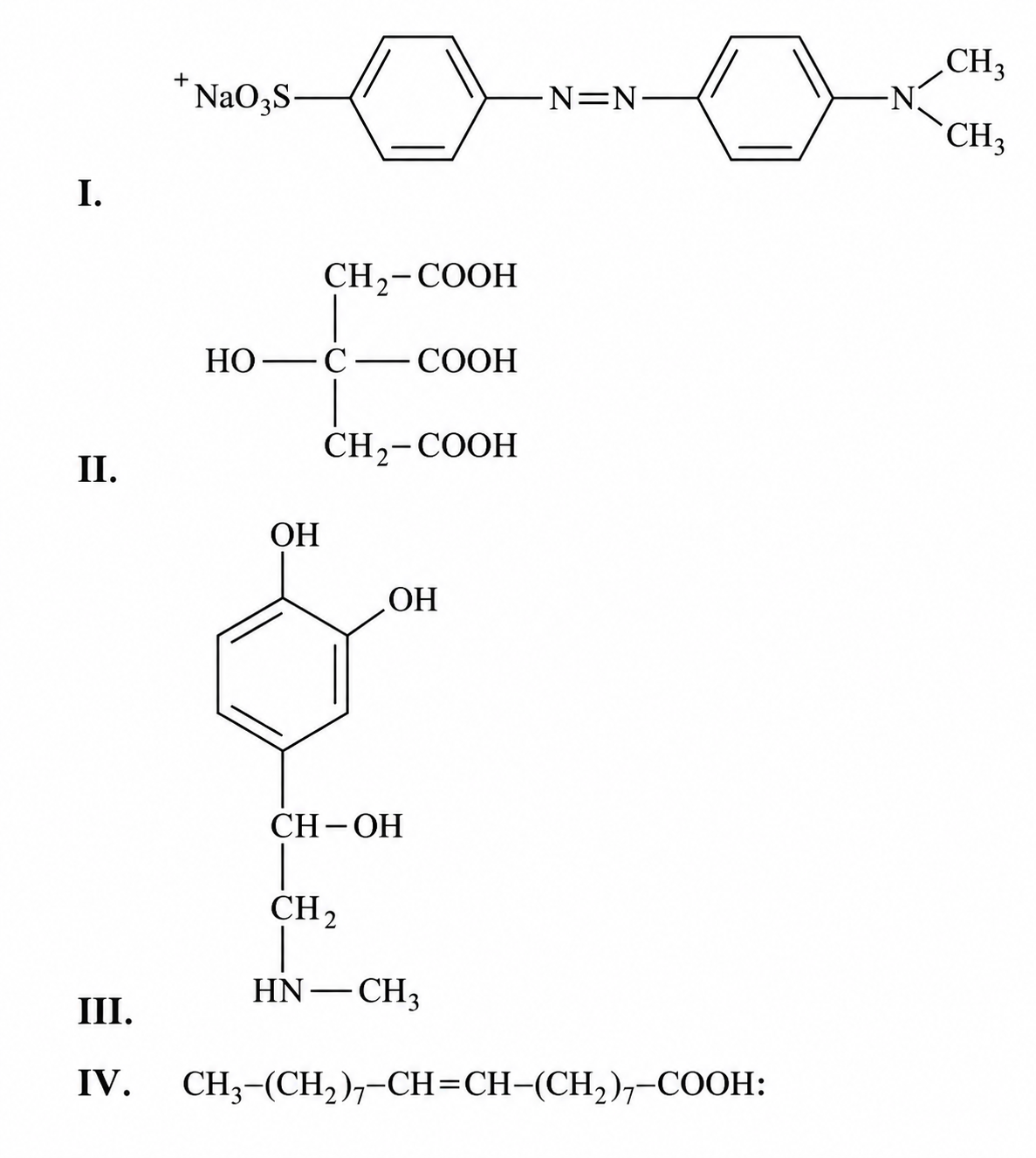 Cele patru structuri I-IV (compus azoic, acid citric, adrenalina, acid oleic)