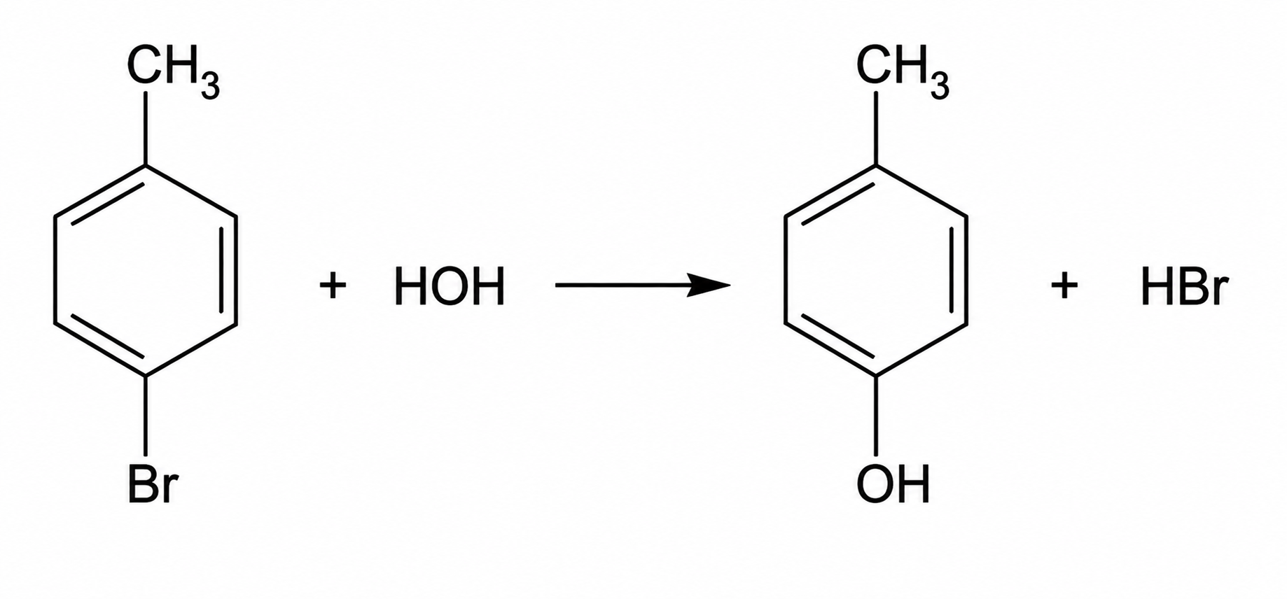 Reacția D: p-bromotoluen + HOH → p-crezol + HBr