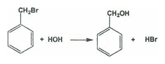 Reacția C: bromură de benzil + HOH → alcool benzilic + HBr