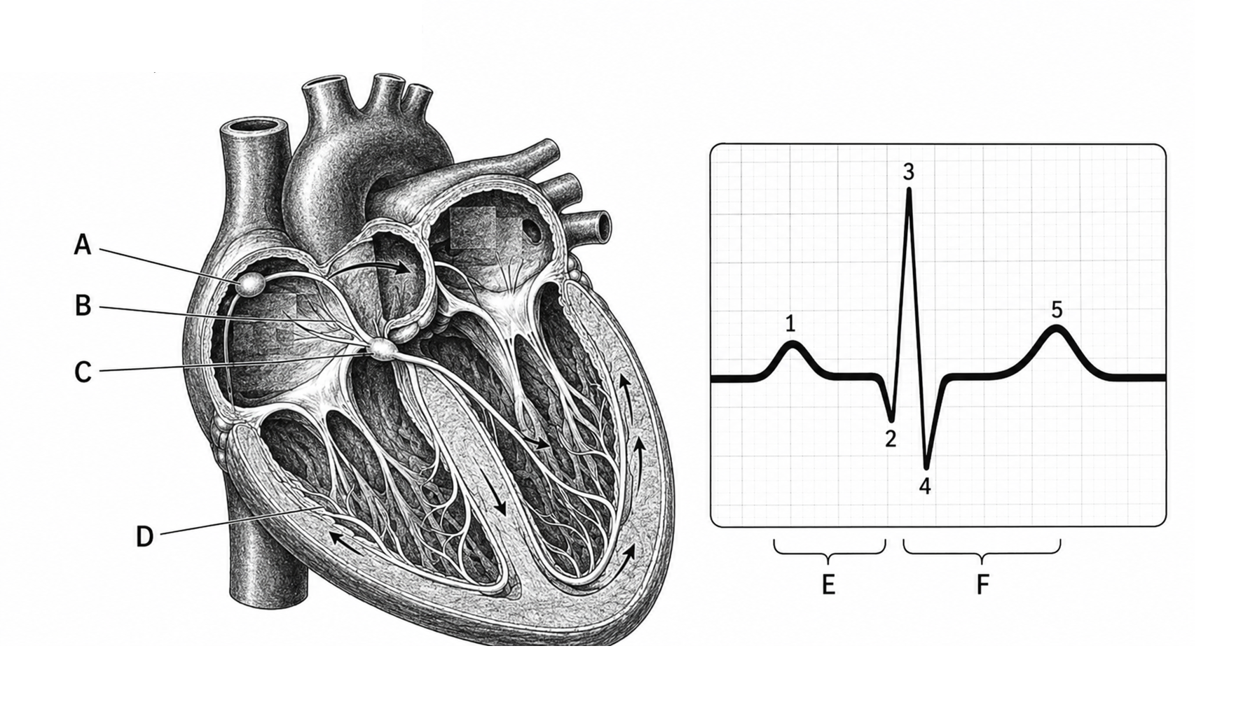 Secțiune prin inimă și traseu ECG cu elemente notate prin cifre și litere