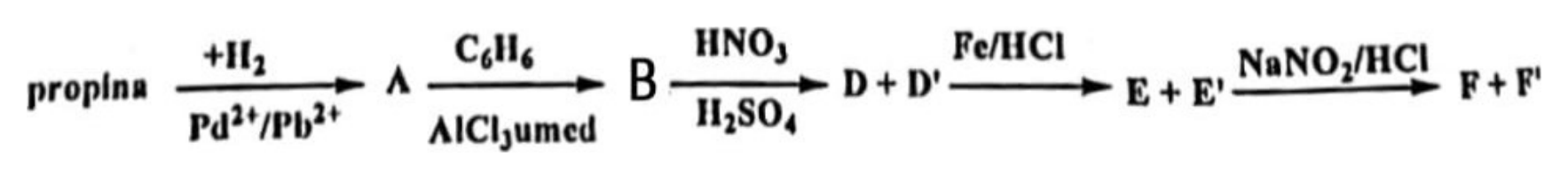 schemă de reacții: propina → A → B → D + D' → E + E' → F + F'