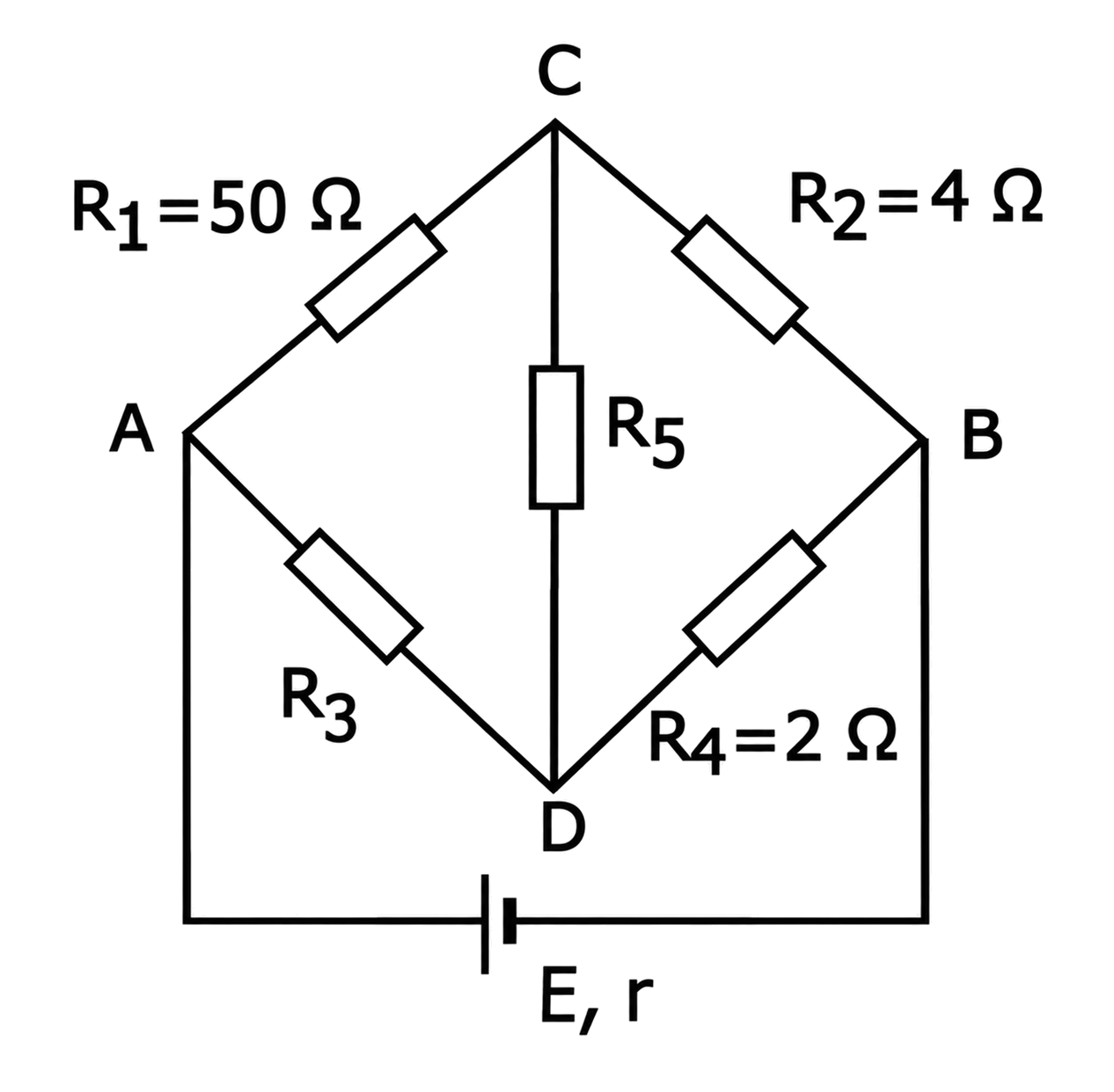 Punte de rezistoare R1–R5 între nodurile A, B, C, D, alimentată de sursa E, r