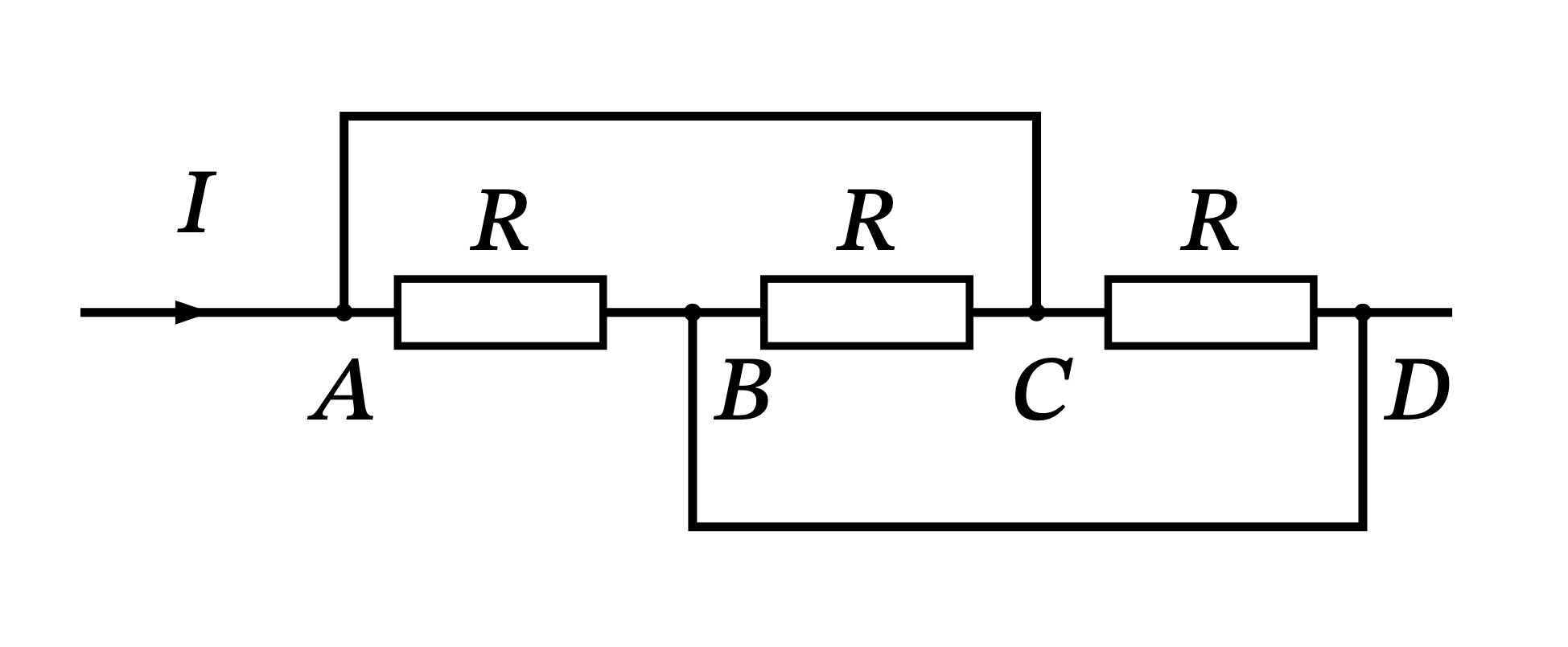Porțiune de circuit cu trei rezistoare R între punctele A, B, C, D